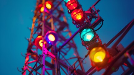 Aufkleber - A close-up of a signal tower with colorful lights, highlighting its intricate structure