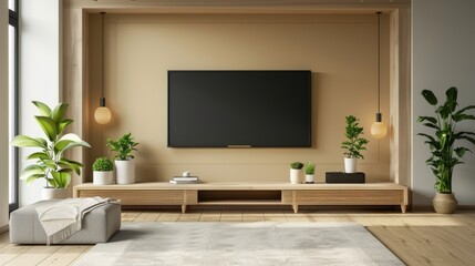  Empty living room mockup a TV wall mounted with sofa in living room with cream color wall- 3D rendering 