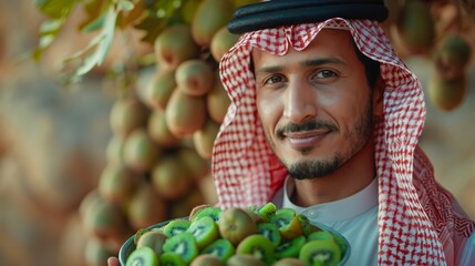 Arab Man Holding a Bowl of Kiwi Fruit