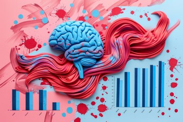 Wall Mural - Creative brain illustration with vibrant red ribbons on a pink background symbolizing intellect and dynamism.