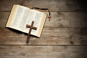 Wall Mural - Bible and crosses on wooden table, top view with space for text. Religion of Christianity