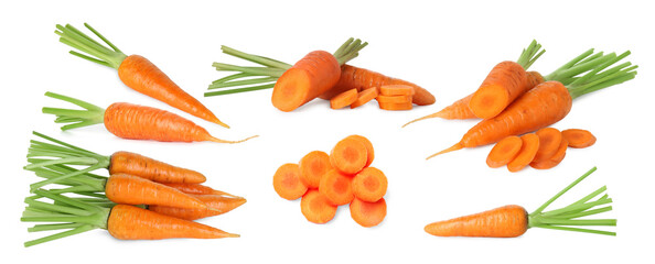 Wall Mural - Many fresh ripe carrots isolated on white, set