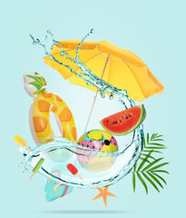 Wall Mural - Summer creative collage with beach stuff and water splash in air on light turquoise background