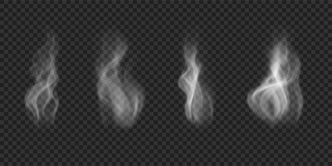 Mist wavy cloud, hot food steam, cigarette vapor. Set of vector icons isolated on transparent backdrop