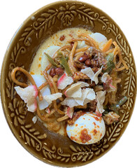 Lontong Sayur Medan, Traditional Indonesian Food from Medan, North Sumatra,  Compressed Rice Cake or Lontong with Chayote and Long Beans Cooked in and Spices, Coconut broth with vegetables, egg.