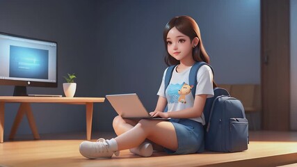 rendered cute girl sit crossed legs hold laptop studying and pointing up girl illustrations seamless