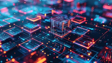 A Cube Shaped Digital Data Center With Neon Lights