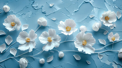 Wall Mural - White Flowers Blue Background