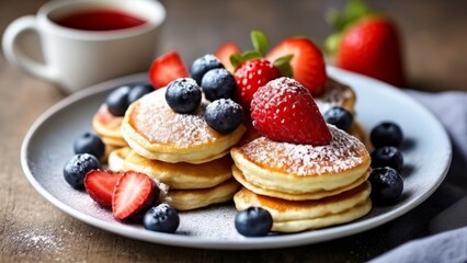 Wall Mural -  Deliciously stacked pancakes with fresh berries and powdered sugar