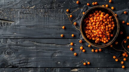 Poster - Sea buckthorn berries in a bowl on black wooden surface with space for text viewed from above