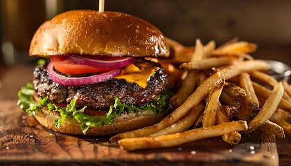 Wall Mural - Delicious hamburger with french fries on wooden table