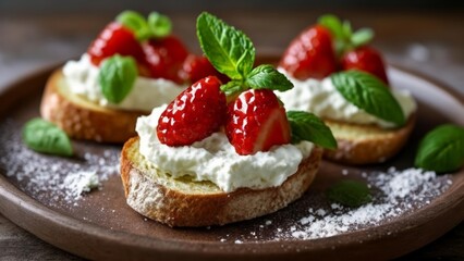 Wall Mural -  Deliciously fresh strawberry and cream pastries