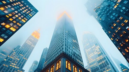 Cityscape Dreams: A majestic skyscraper pierces the foggy sky, surrounded by towering buildings, evoking a sense of ambition, progress, and the relentless pursuit of dreams.  