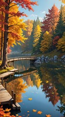 Wall Mural - A serene autumn landscape with colorful fall leaves, a calm lake reflecting the vibrant trees, a wooden bridge crossing over the lake, warm sunlight filtering through the foliage, digital art 