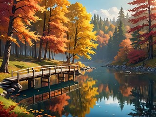 Wall Mural - A serene autumn landscape with colorful fall leaves, a calm lake reflecting the vibrant trees, a wooden bridge crossing over the lake, warm sunlight filtering through the foliage, digital art 