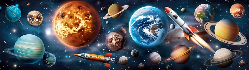 Wall Mural - create a colorful learning poster for kids, presenting a joyful space adventure with planets, stars,