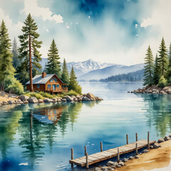 Sticker - A stunning watercolor illustration of Lake Tahoe in California. Capture the crystal-clear, turquoise waters of the lake, reflecting the surrounding snow-capped Sierra Nevada mountains.