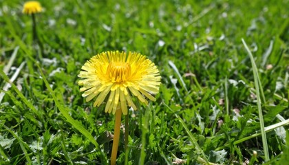 Sticker -  Bright yellow dandelion in a field of green grass