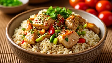 Poster -  Delicious Asianinspired rice dish with grilled chicken and vegetables