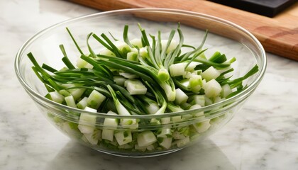 Poster -  Freshly chopped green onions in a glass bowl