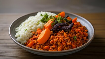 Wall Mural -  Deliciously balanced meal  Rice vegetables and protein