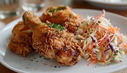 Wall Mural - Crispy fried chicken with coleslaw salad on a plate