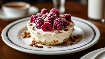 Sticker -  Delicious dessert with raspberries and walnuts ready to be savored