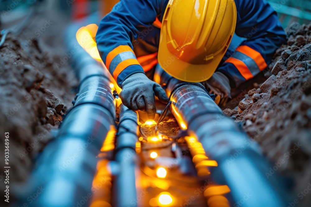 Engineers installing fiber optic cables underground to improve internet ...