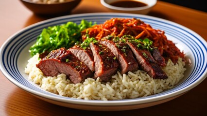 Canvas Print -  Delicious Asianinspired meal with beef rice and vegetables