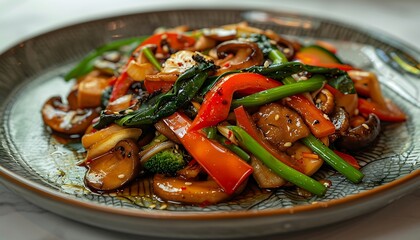 Wall Mural - Chicken stir fry with vegetables and herbs on a plate