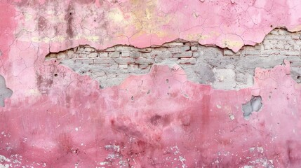 Wall Mural - Texture of old brick wall and cracked pink stucco background with copy space