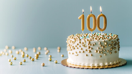 Birthday cake with big fancy burning lit candle number 100. Background for a party or an anniversary celebration with decorations and copy space for text. White, blue and glitter gold color tone.