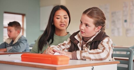 Sticker - Asian woman, teacher and helping to write in classroom, test and studying information for knowledge. Female person, girl and learning at desk or scholarship, assessment and support for exam or notes