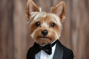 Wall Mural - Portrait of a Yorkshire Terrier dog dressed in a formal tuxedo suit