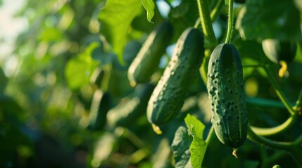 Poster - Fresh Green Cucumbers Growing on Vine