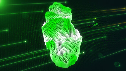 Wall Mural - Digital 3D Perspective Dynamic Rippling Map of Qatar in Green and White, Set Against Dark Futuristic Background with Binary Code and Neon Lines