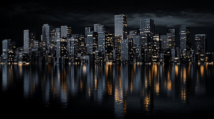 Nighttime cityscape reflected in still water.