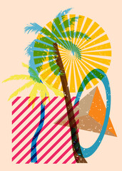 Wall Mural - Risograph Palm Trees with geometric shapes. Objects in trendy riso graph print texture style design with geometry elements.