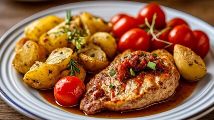 Wall Mural -  Deliciously grilled chicken with roasted potatoes and cherry tomatoes