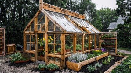Poster - A wooden greenhouse with a glass roof sits surrounded by potted plants and flowerbeds, all bathed in sunlight.