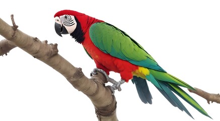 A strikingly magnificent parrot perched in a lush tree, against a pristine white background. This exquisite photograph captures the bird's vibrant plumage, boasting a stunning array of colors 