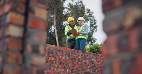 Poster - Planning, teamwork and people at construction site of floor plan development, renovation or property project. Architecture, engineering and builder with building checklist, clipboard or talking below