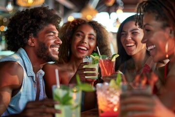 Multiracial friends enjoy happy hour cooking fresh mojito cocktails at the outdoor bar