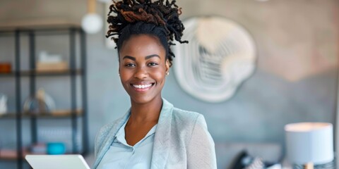 Poster - Portrait of a smiling young businesswoman standing in an office holding a digital tablet. AI.