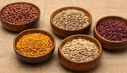 Poster -  A variety of grains in wooden bowls