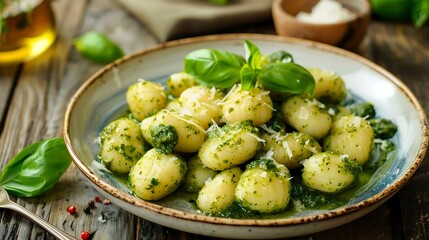 Wall Mural - Potato gnocchi with pesto sauce on a plate