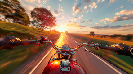 Wall Mural - Sunset Ride to Freedom: A motorcyclist's perspective, cruising down a sun-drenched road, embracing the open highway at sunset. 