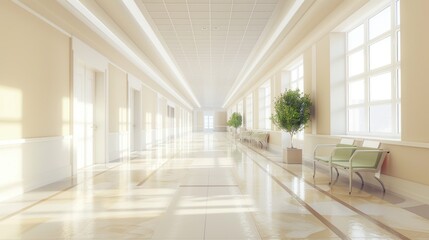 Poster - Spacious Hospital Corridor with Bright Sunlight