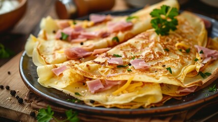 Wall Mural - Crepes with ham, cheese and herbs on a wooden background