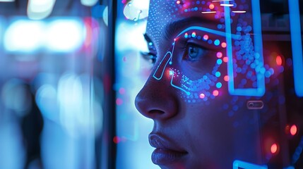 A close-up of a person using a facial recognition scanner at an advanced security checkpoint, with a clear digital display and a high-tech, sleek design, under bright lighting.